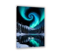Tableau Aurore Boréale avec Animaux Impression sur Toile Vue nocturne du Lac des Cygnes en bleu Polaire dans la Neige poster paysage d'hiver Décor Murale Salon et Chambre60x40cm(24x16in)cadre