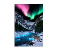 Tableau Aurore Boréale avec Faune Arctique Canyon forestier léopard des neiges vertsur Toile Impression Affiches Tableau Lumière Polaire Décor Murin pour Salon et Chambre60x40cm(24x16in)poster