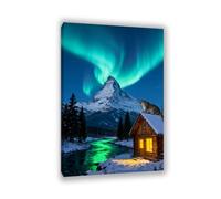 Tableau Aurores Boréales Modern Léopard des neiges de ferme enneigée bleue Peinture sur toile Aurore boréale au-dessus des montagnes Decoration Murale Salle De Bain Bureau105x70cm(41x28in)cadre