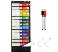 Tableau avec Pochettes Planning Quotidien, horaire des cours avec 26 cartes, 13+1 poches. 13 cartes recto-verso réutilisables couleur + 13 cartes vierges recto-verso; (version anglaise)