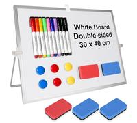 Tableau Blanc Magnétique, 30 x 40 cm Tableau Blanc Effacable, 10 Marqueur + 6 Aimants + 5 Gomme, Ardoise Effaçable Magnétique Double Face, White Board Polyvalent pour Domicile Salle de Classe Bureau