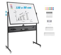 Tableau Blanc Mobile Magnétique 120 x 90cm COSTWAY-Effaçable à Sec-Double Face 360°-Panneau Perforé et Accessoires-2 Hauteurs-Noir