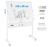 Tableau Blanc Mobile Magnétique 120 x 90cm COSTWAY-Effaçable à Sec-Double Face 360°-Panneau Perforé et Accessoires-2 Hauteurs-Blanc