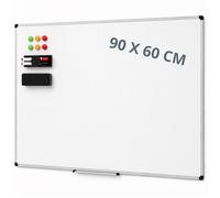 Tableau blanc magnétique mural 90x60 cm cadre aluminium avec porte-stylos, 6 aimants, 1 gomme, 2 marqueurs