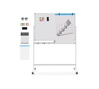 CostwayTableau Blanc Roulant Portable 80 x 120 Cm Tableau Effaçable à Sec Réversible Marqueurs Noirs et Plateau Effaceur Aimants Réglable en Hauteur Blanc