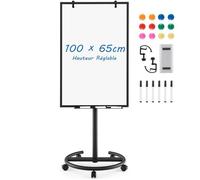 Tableau Blanc Mobile 100x65cm COSTWAY-Effaçable à Sec-Hauteur,Angle Réglable-5 Roues-Trombones-Bloc de Papier-12 Aimants-Noir