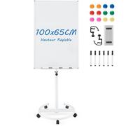 Tableau Blanc Mobile 100x65cm COSTWAY-Effaçable à Sec-Hauteur,Angle Réglable-5 Roues-Trombones-Bloc de Papier-12 Aimants-Blanc