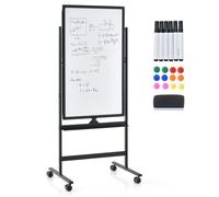 Tableau Blanc Mobile 2 Face GIANTEX-60x100 cm-Tableau Magnétique-Réglable en 2 Hauteur-Effaçable à Sec-Marqueurs-Aimants-Noir