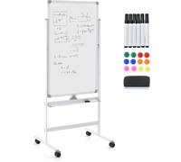 Tableau Blanc Mobile 2 Face GIANTEX-60x100 cm-Tableau Magnétique-Réglable en 2 Hauteur-Effaçable à Sec-Marqueurs-Aimants-Blanc