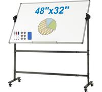 Tableau blanc mobile sur roulettes VEVOR, 48 x 32 pouces Tableau blanc mobile magnétique double face, réversible à 360°, réglable en hauteur, avec roulettes et plateau mobile