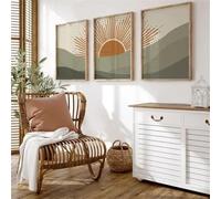Tableau Bohème Imprimé Soleil Vert sur Toile Affiche Représentant un Paysage de Montagne Verte Avec Soleil Orange Décoration pour Salon Cuisine Bureau Chambre Ou Maison-40*60cm*3PCS (sans cadre)