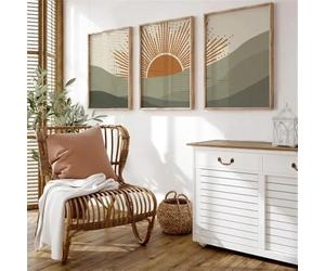 Tableau Bohème Imprimé Soleil Vert sur Toile Affiche Représentant un Paysage de Montagne Verte Avec Soleil Orange Décoration pour Salon Cuisine Bureau Chambre Ou Maison-40*60cm*3PCS (sans cadre)