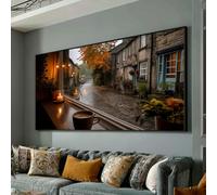 Tableau « Café du matin d'automne », toile représentant une rue de village, vue par la fenêtre un jour de pluie, art mural rustique en pierre, décoration intérieure (90 x 180 cm / cadre intérieur)