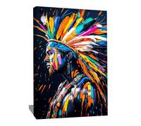 Tableau Chef Indien - Toile Tribale Moderne - Decoration Murale Indienne - Impression Sur Toile Portrait - Tableau Pop Art Coloré - Deco Interieur Originale (40x30cm)