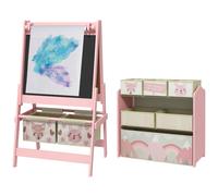 Tableau chevalet double-face rouleau papier 2 paniers + meuble à jouets de rangement à 6 boîtes, 63 x 30 x 66 cm, rose