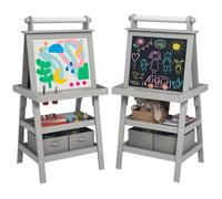 AIYAPLAY Tableau chevalet enfant 3 en 1 tableau double face enfant avec panneau blanc et noir magnétique - rouleau papier + 2 paniers rangement intégrés - 3-6 ans en bois gris