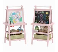 Tableau chevalet enfant AIYAPLAY 3 en 1 tableau blanc magnétique, tableau à craie rouleau papier 2 paniers intégrés - 3-6 ans rose