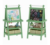 AIYAPLAY Tableau chevalet enfant 3 en 1 tableau double face enfant avec panneau blanc et noir magnétique - rouleau papier + 2 paniers rangement intégrés - 3-6 ans en bois vert