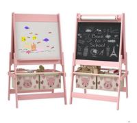 AIYAPLAY Tableau chevalet enfant ardoise double face tableau blanc tableau à craie rouleau papier 2 paniers 54 x 46,5 x 93 cm rose
