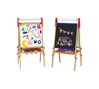 AIYAPLAY Chevalet peinture pour enfants, tableau enfant double face 3 en 1, avec rouleau de papier, tableau blanc et noir hauteur réglable, avec accessoires de peinture, enfants 3-8 ans, bois naturel