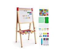 VEVOR Chevalet d'Art Enfants 3-en-1 Tableau Magnétique Blanc Noir Double Face, Planche à Dessin Bois Debout Réglable avec Accessoires, Support de Rouleau de Papier, pour Créativité, Garçons, Filles