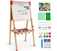 VEVOR Chevalet d'Art Enfants 3-en-1 Tableau Magnétique Blanc Noir Double Face, Planche à Dessin Bois Debout Réglable avec Accessoires, Support de Rouleau de Papier, pour Créativité, Garçons, Filles