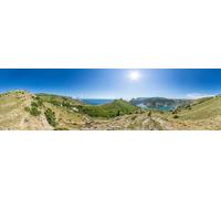 Tableau composite en aluminium 140 x 40 cm : vue panoramique panoramique panoramique sur la baie de Balaclava avec des yachts provenant des ruines de la forteresse génotique de Cembalo. Balaklava