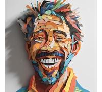 Tableau composite en aluminium 30 x 30 cm : le visage d'un homme est peint avec des applications en papier colorées sur fond blanc (203854872)