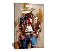 Tableau Cowboy - Décoration Murale Dorée - Impression Sur Toile Avec Cadre Moderne - Décoration Western Cowboy - Tableau Far West - Idée Deco Chambre Ado - Toile Moderne Design (60x40cm)