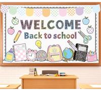 Tableau d'affichage « Welcome Back to School » - Carnet de composition - Décoration de salle de classe - Pastel - Premier jour d'école - Papeterie colorée - Découpes en papier pour la maison, le