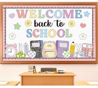 Tableau d'affichage « Welcome Back to School » - Carnet de composition - Décoration de salle de classe - Pastel - Premier jour d'école - Papeterie colorée - Découpes en papier pour la maison, le