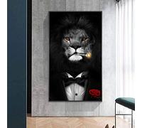 Tableau d'animaux moderne Lion en costume, peinture sur toile sur le mur, affiches d'art, impression de lion fumant, art nordique pour le salon, 80 x 160 cm, cadre intérieur