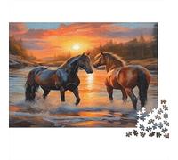 Tableau de Chevaux au Coucher du Soleil, Puzzle de 1000 pièces en Carton 100% recy es Chevaux dans l'eau au Coucher du Soleil, pour Adultes, « Le défi Impossible », 52 x 38 cm / 1000 pièces