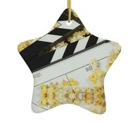 Tableau de cinéma et pop-corn imprimé double face en céramique Décoration de Noël à suspendre avec ficelle dorée