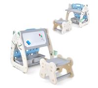 Costway3 en 1 Tableau Chevalet Magnétique Enfant avec Tabouret Réglable en Hauteur Table enfant et Bibliothèques 1-5 Ans Bleu