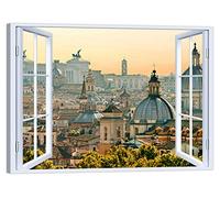 Tableau de fenêtre Rome 100 x 75 cm Impression sur toile avec cadre en bois, décor d'art moderne