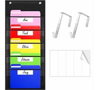 Tableau de poche de rangement, classeur mural robuste avec 5 pochettes transparentes, 5 autocollants vierges effaçables à sec et 2 crochets de porte pour fichiers, factures, salle de classe et bureau