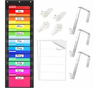 Tableau de poche de rangement, dossier d'organisation de fichiers mural robuste avec 10 pochettes transparentes, 10 autocollants de nom vierges plus 3 cintres en métal et 4 crochets (35.6cm x 119cm)