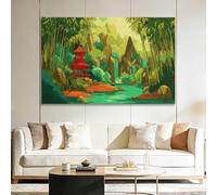 Tableau Décoratif 120L x 60l cm Impression sur Toile Vert Émeraude, Peinture Moderne Tendue sur Châssis en Bois Dessin Animé Naturel Forêt Cascade pour Bureau et Salon - Art Mural Prêt à Poser