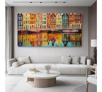 Tableau décoratif 80L x50l cm Décoration murale pour salon et chambre Peinture à l'huile Architecture Rive paysage prêt à accrocher, décoration d'intérieur pour bureau Jaune Bleu