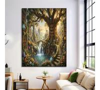 Tableau Décoratif Bibliothèque De La Forêt Enchantée 70X100Cm - Impression Sur Toile Brun - Décoration Murale Sans Cadre Pour Salon Cuisine Chambre - Tableau Peinture Posters Paysage De Conte De Fées