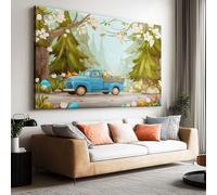 Tableau Décoratif Dessin Animé Impression sur Toile 120L x 60l cm, Peinture Moderne Tendue sur Châssis en Bois Abstrait Forêt Arbres Verts Fleurs Camion pour Bureau et Salon - Art Mural Prêt à Poser