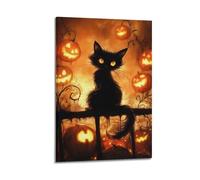 Tableau décoratif d'Halloween représentant un chat noir parmi des citrouilles lumineuses - Décoration mystérieuse - Poster artistique moderne à suspendre - 60 x 90 cm