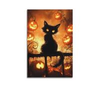 Tableau décoratif d'Halloween représentant un chat noir parmi des citrouilles lumineuses - Décoration mystérieuse - Poster artistique moderne à suspendre - 40 x 60 cm