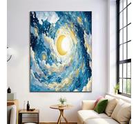 Tableau Décoratif Mural Contemporain, Tourbillon Abstrait Ciel Étoilé Lune Peinture L'Huile, Grand Tableau Sur Toile Moderne Design Salon Sans Cadre, Décoration Murale Toile Bleu Marine, 50X70Cm