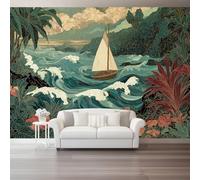 Tableau Décoratif Mural Toile - Art Peinture de paysage vagues voilier plantes Impression HD, Peinture Murale pour Salon Chambre Bureau, Vert foncé Décoration Intérieure Contemporaine - 200 x 140 cm