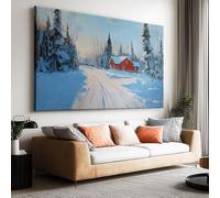 Tableau Décoratif Paysage Naturel Impression sur Toile 120L x 60l cm, Peinture Moderne Tendue sur Châssis en Bois Hiver Ferme Forêt Cabane Flocons de Neige pour Bureau Salon - Art Mural Prêt à Poser