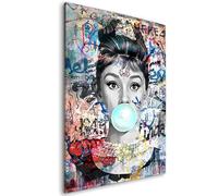Tableau décoratif Street Art - Audrey Hepburn Chewing gum - Toile imprimée sur châssis - Décoration Murale Salon Chambre (60cm x 90cm)