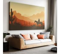 Tableau Décoratif Sud Ouest Impression sur Toile 100L x 75l cm, Peinture Moderne Tendue sur Châssis en Bois Vintage Désert Cowboy Animal Cheval Montagnes pour Bureau et Salon - Art Mural Prêt à Poser