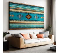 Tableau Décoratif Sud Ouest Impression sur Toile 70L x 50l cm, Peinture Moderne Tendue sur Châssis en Bois Vintage Motif Géométrique Rayures pour Bureau et Salon - Art Mural Prêt à Poser